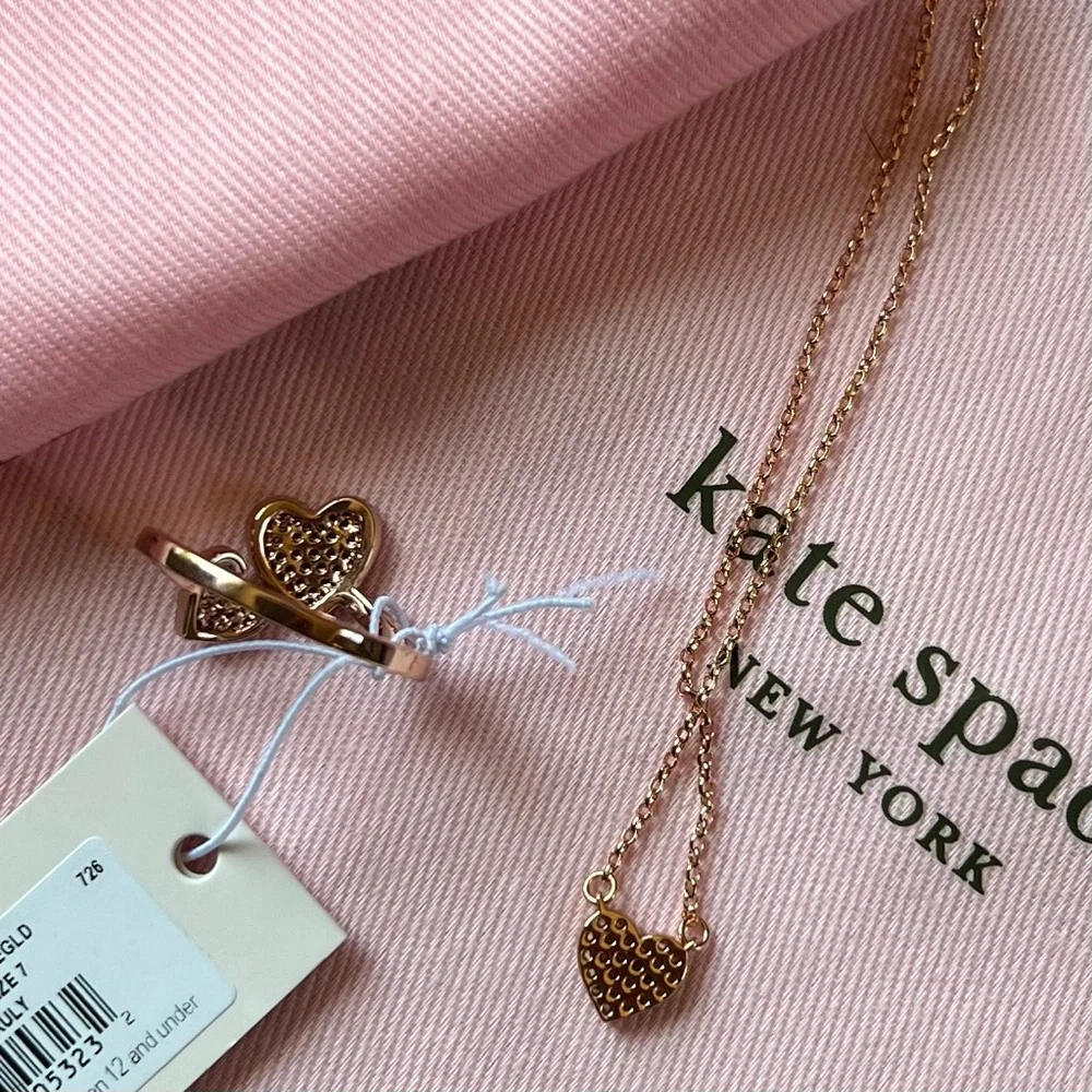 NEW Kate Spade Yours Truly Pave Heart Ring & Mini Pendant Necklace Rose Gold - Picture 6 of 8
